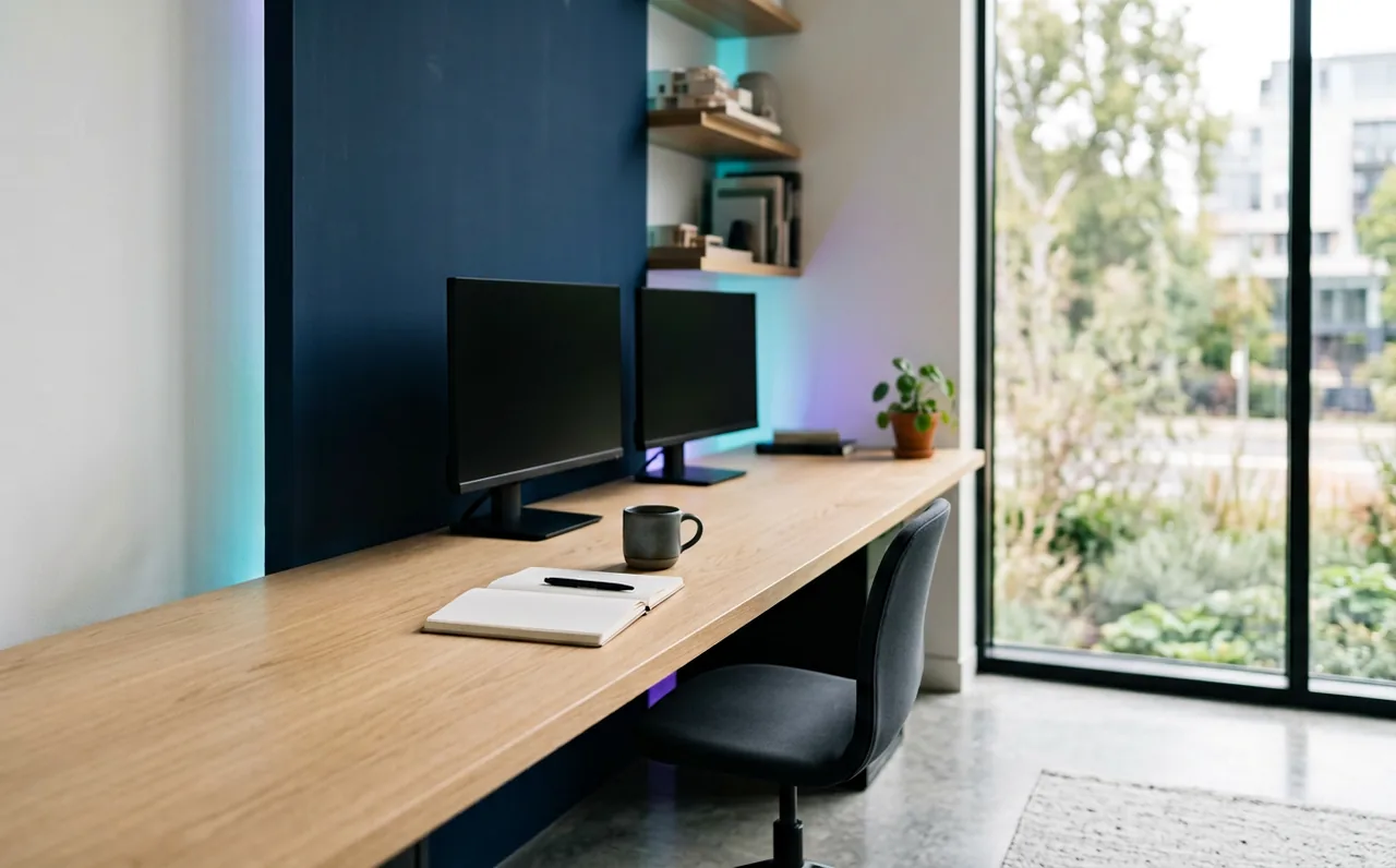 A calm, minimal studio workstation with two monitors switched off and daylight from a large window.