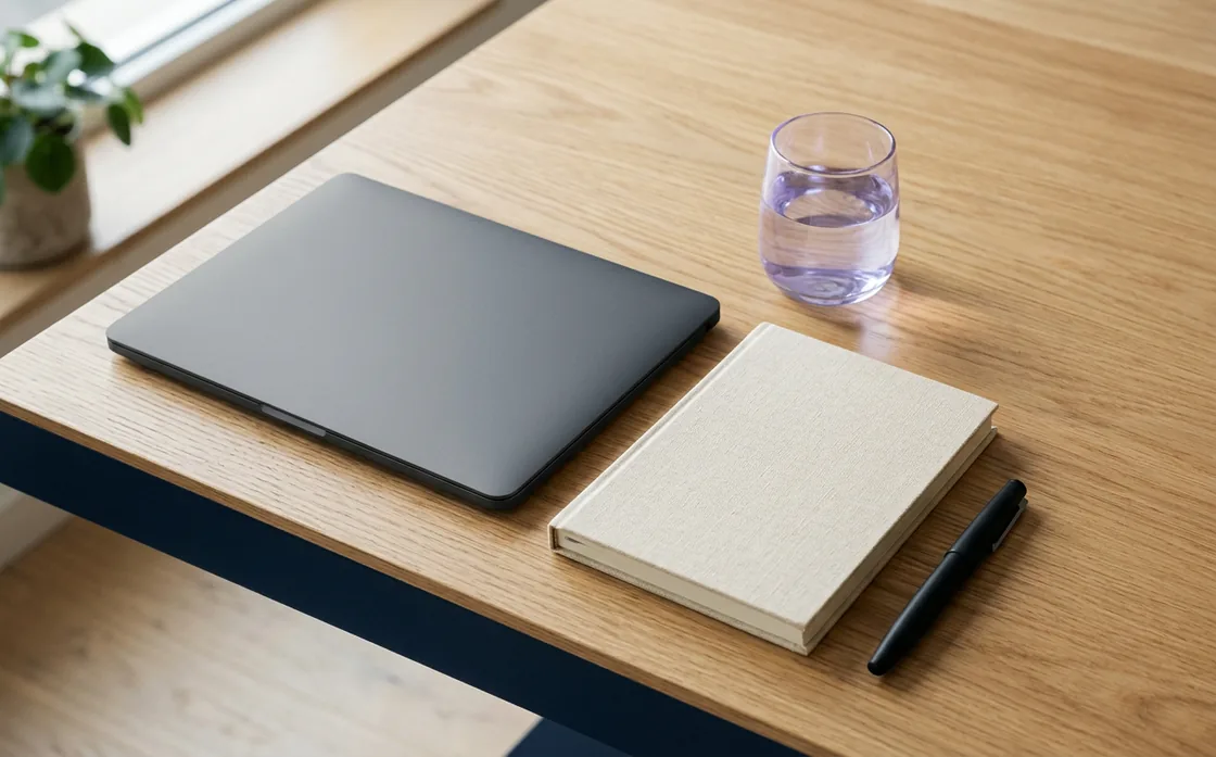 A closed laptop, notebook and pen on a light oak desk beside a window.