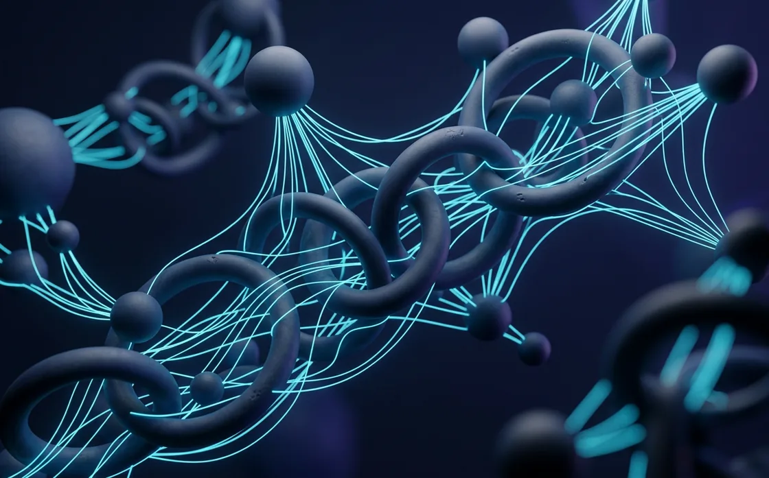 Interlocking dark rings connected by thin cyan filaments, illustrating connected automated workflows.