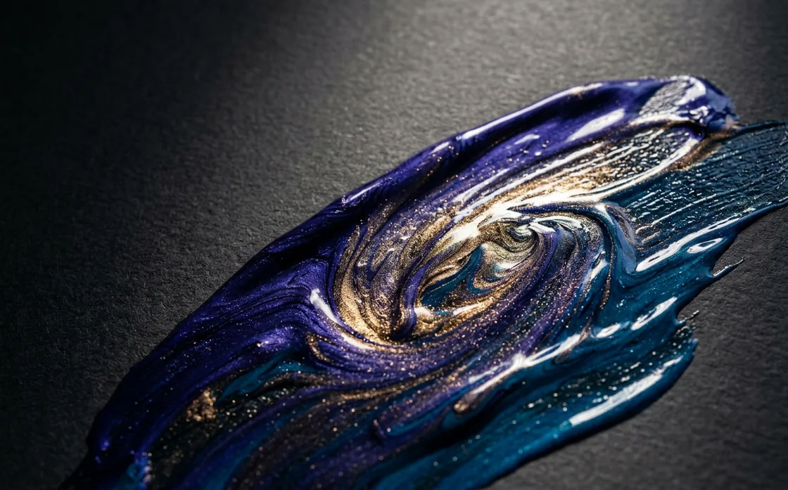 Thick strokes of indigo paint with metallic pigment on a dark surface.