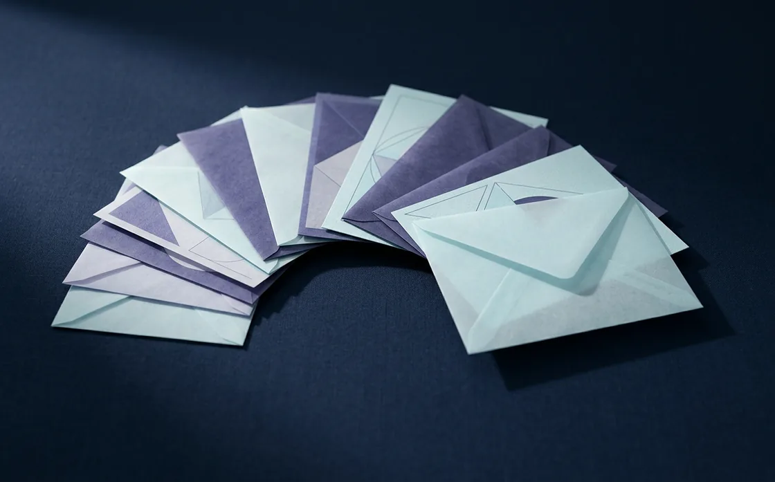 A fanned arc of translucent paper envelopes and cards on a deep navy surface.