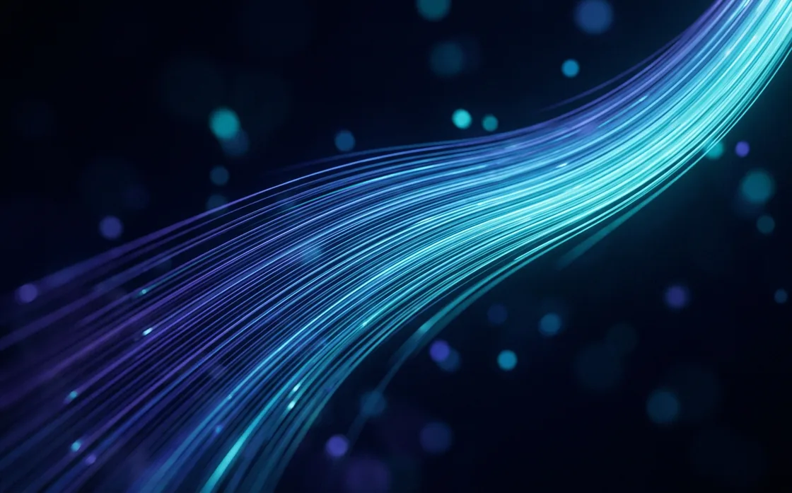 Long-exposure light trails in indigo and cyan sweeping through navy darkness, suggesting data and search signals.
