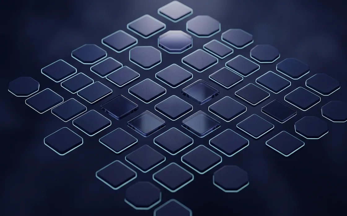 A precise grid of matte and glass tiles in navy tones, suggesting ordered, maintained components.
