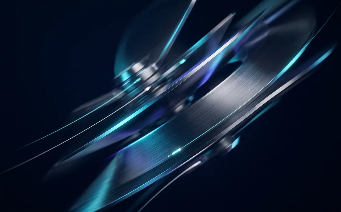 Polished metal blades and light streaks in motion against a dark navy background, suggesting speed.