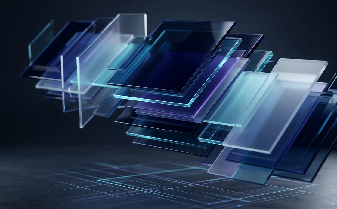 Layered translucent panels in navy, indigo and cyan suggesting a website being assembled from modular pages.